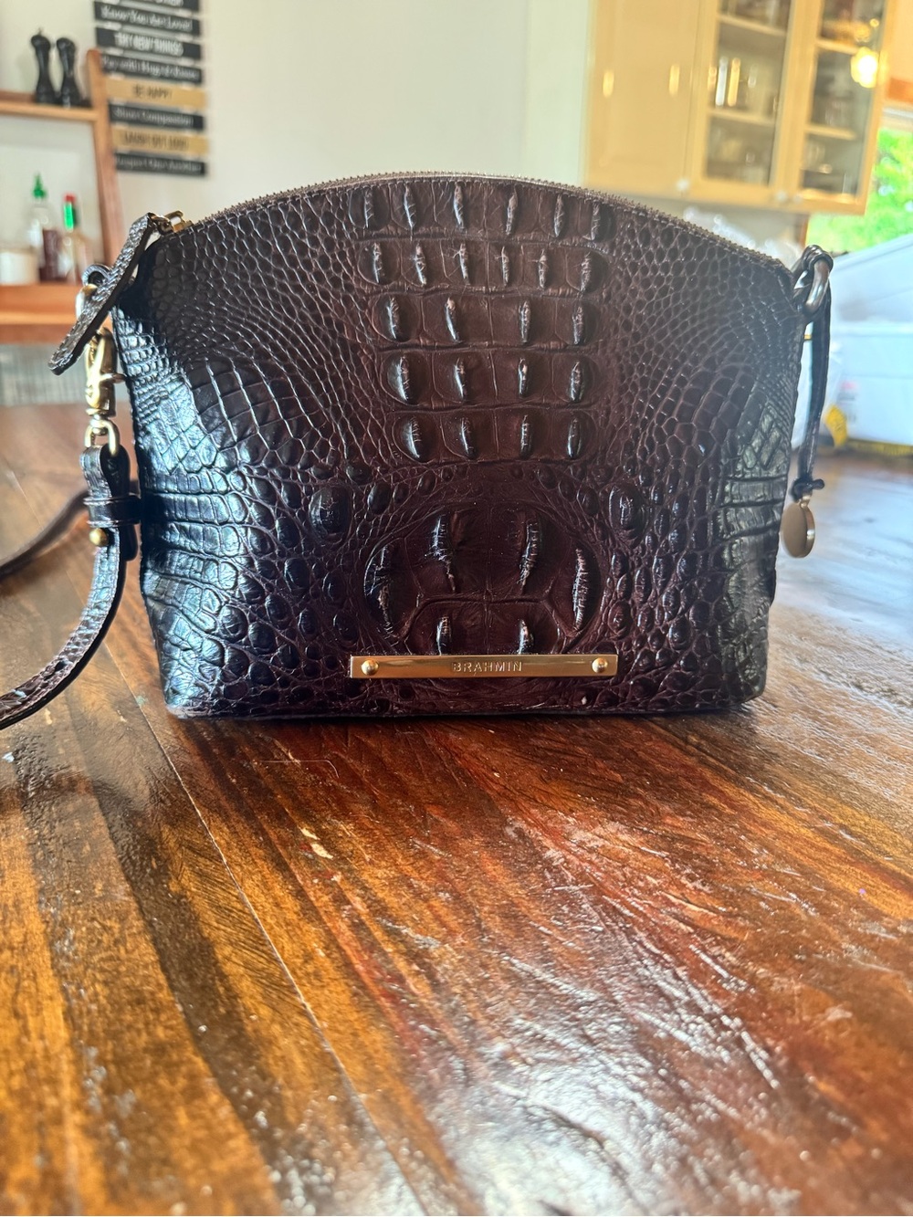 Brahmin Chocolate Embossed Croc Crossbody Bag with Gold Hardware